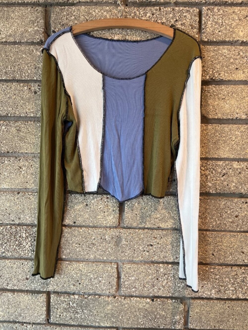 Patchwork Long Sleeve Cropped Top In Olive Blue & Cream Colorblock Design